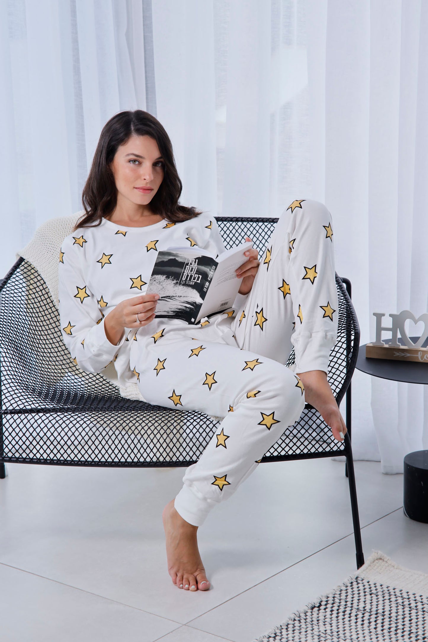 סט פיג'מה איכותית לנשים 100% כותנה כוכבים לבן