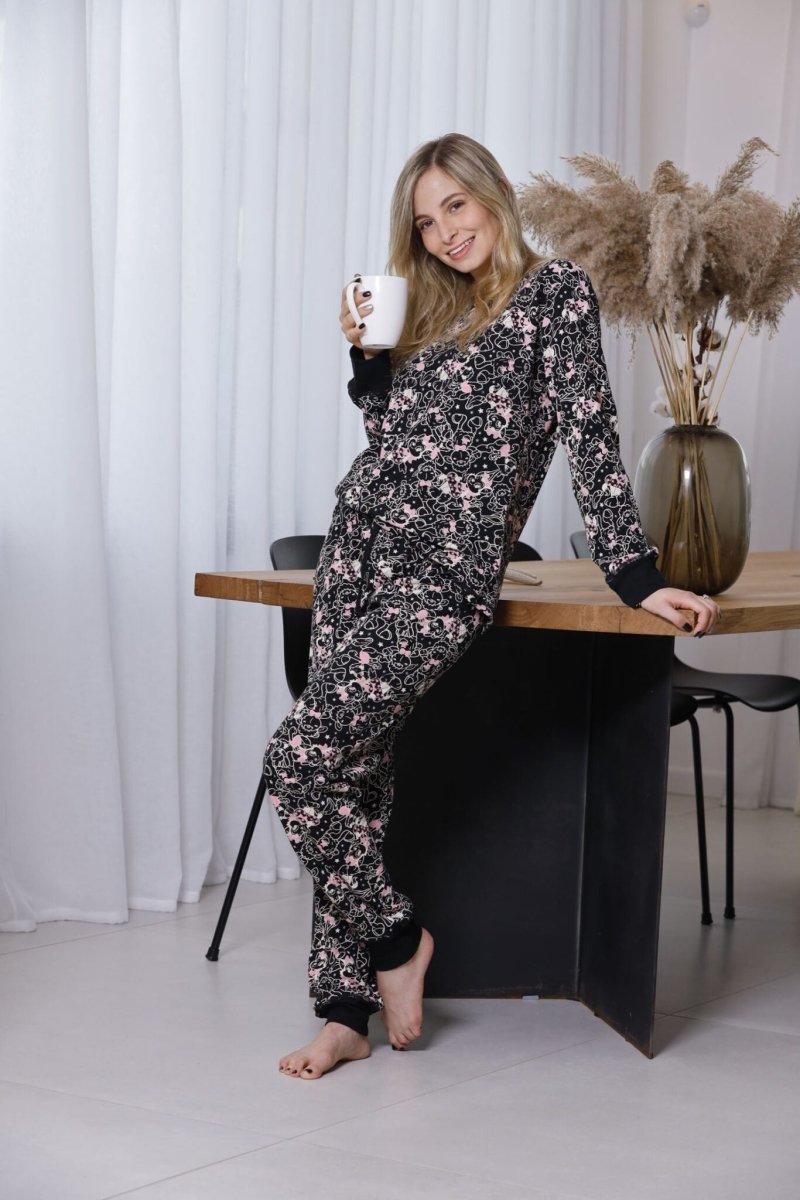 פיג`מה נשים אינטרלוק 100% כותנה צבע שחור ן Morena