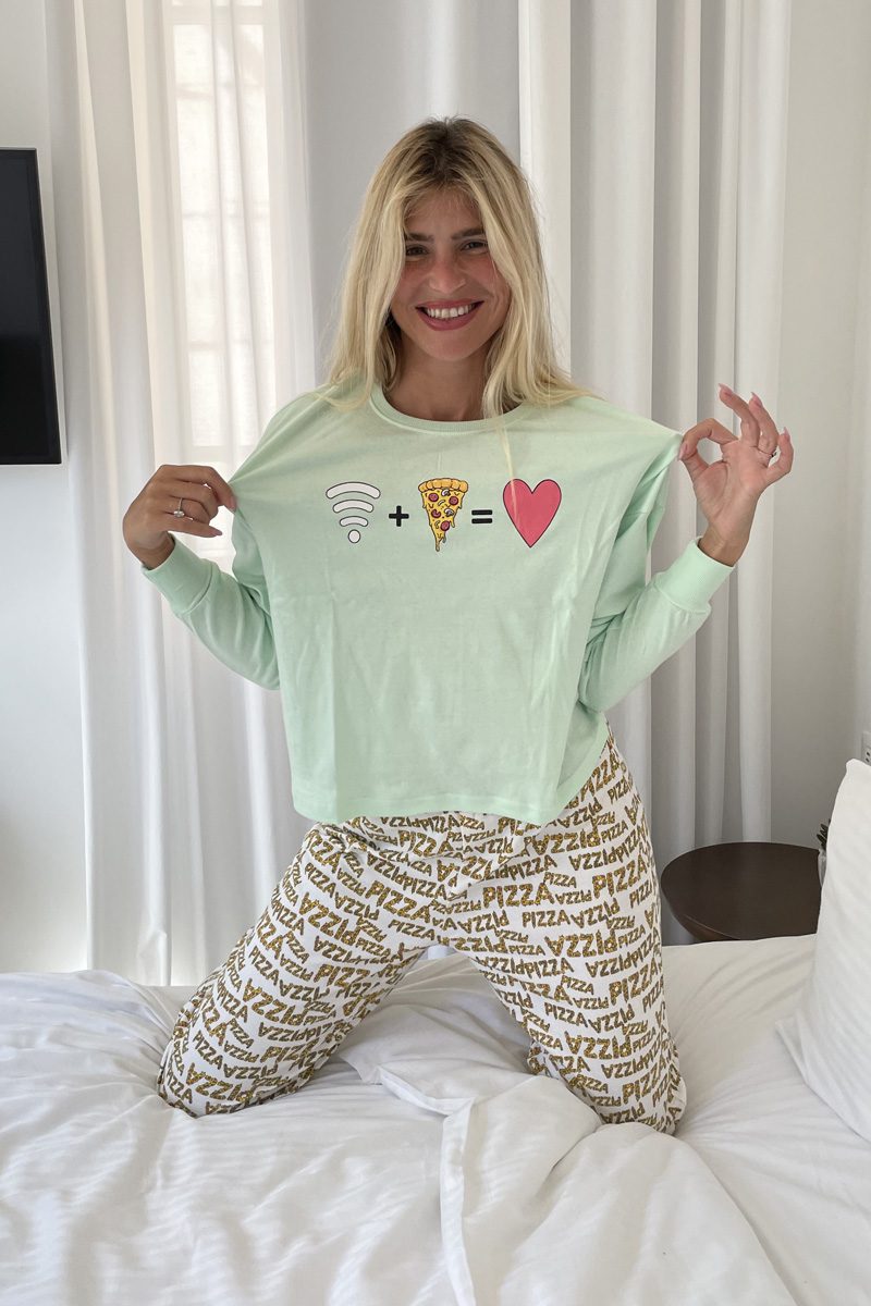סט פיג'מה לנשים גו אנדר פיצה - 100% כותנה - חולצה מנטה(ירוק בהיר) שרוול ארוך ומכנס ארוך ן Morena