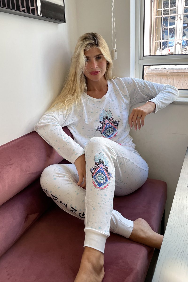 סט פיג'מה לנשים 100% כותנה גו אנדר - כוכבים טורקיז - חמסה ן Morena