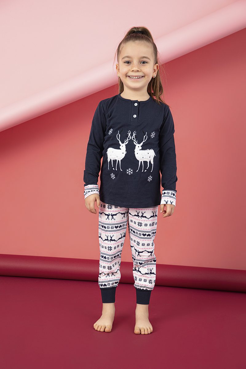 פיג'מה לילדות מכופתרת איילים כחול - 93% כותנה 7% אלסטן ן Morena