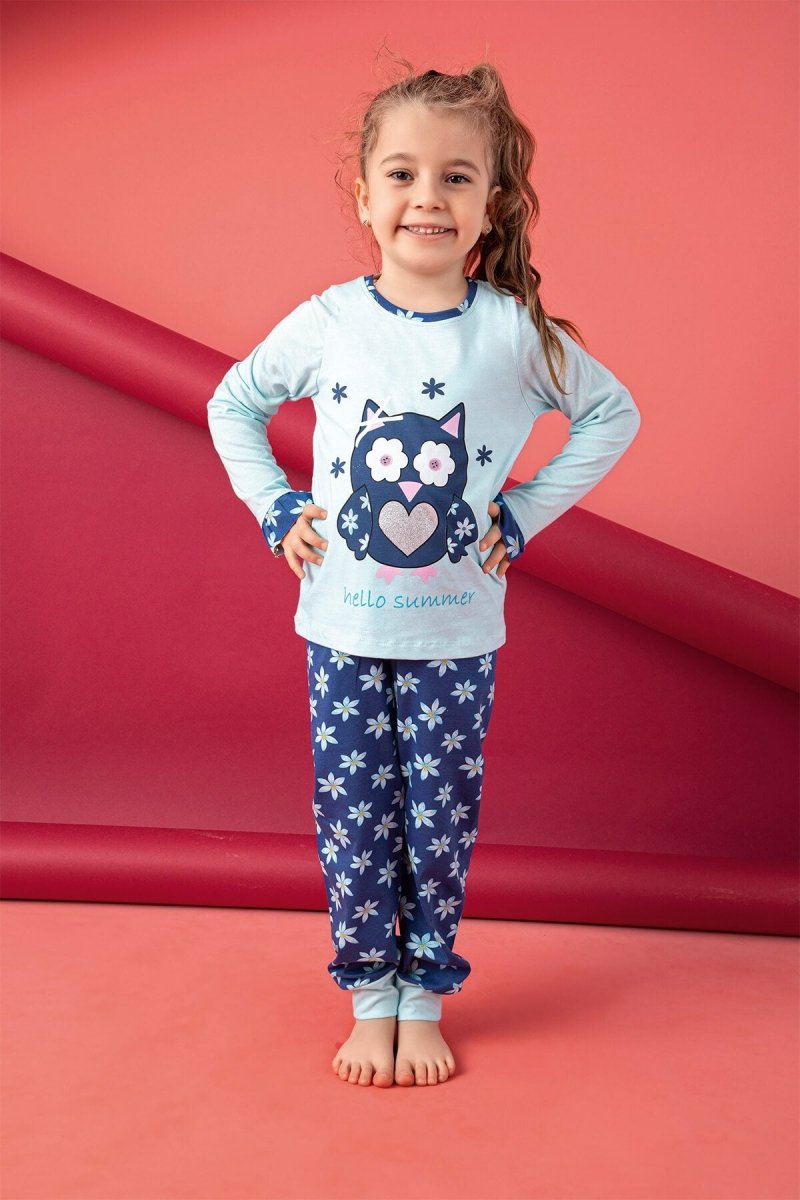 פיג'מה לילדות תכלת עם ינשוף כחול ומכנס כחול עם פרחים 95% כותנה ן Morena