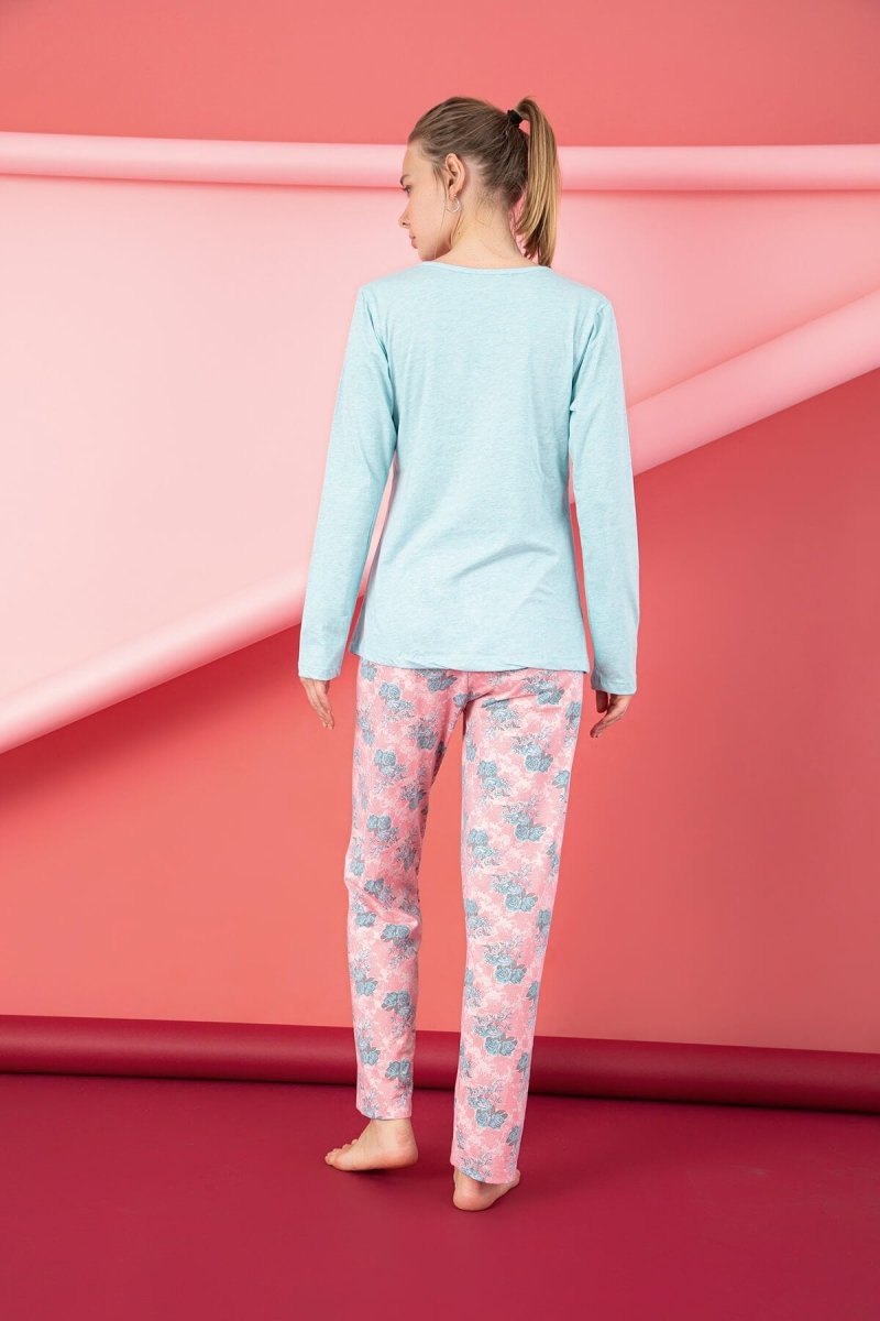 סט פיג'מה לנשים 93% כותנה 7% אלסטן טורקיז מלאנג' ן Morena