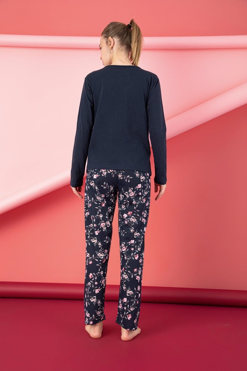 סט פיג'מה נשים כחול כהה עם לב ופרחים ורודים 95% כותנה 5% אלסטן ן Morena