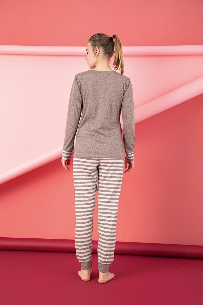 סט פיג'מה לנשים 95% כותנה 5% אלסטן - חתול פסים ן Morena