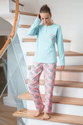 סט פיג'מה לנשים 93% כותנה 7% אלסטן טורקיז מלאנג'