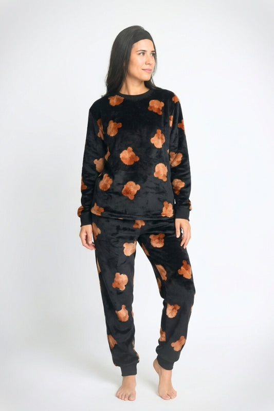 סט פיג'מה פליז דובונים שחור\לבן\חום בהיר