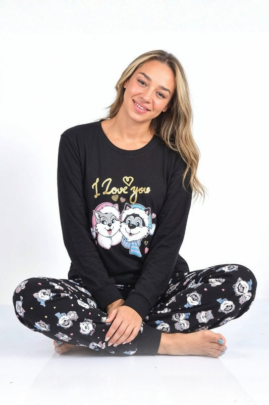 פיג`מה נשים\נערות אינטרלוק I love you שחור\אדום\אפור