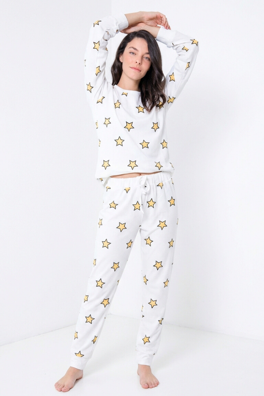 סט פיג'מה איכותית לנשים 100% כותנה כוכבים לבן
