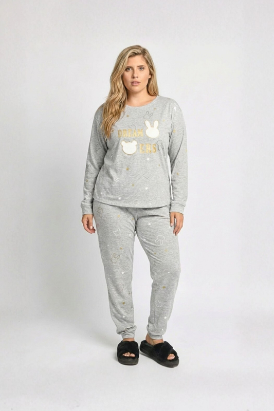 סט פיג'מה לנשים במידות גדולות(פלאס סייז) רכה, נושמת ונעימה - אפור כהה, אפור בהיר, שחור