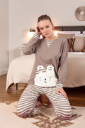 סט פיג'מה לנשים 95% כותנה 5% אלסטן - חתול פסים