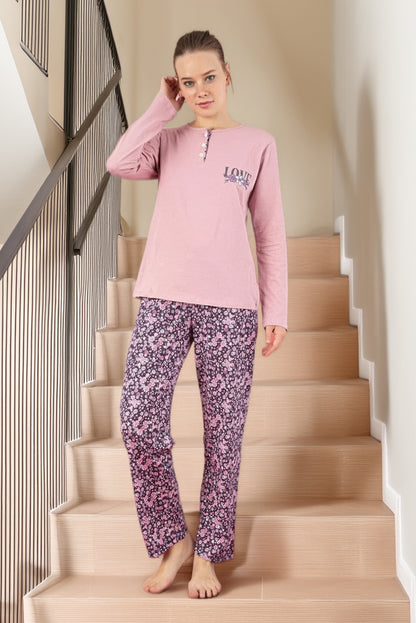 סט פיג'מה איכותי לנשים ורוד פודרה וכחול כהה 95% כותנה LOVE