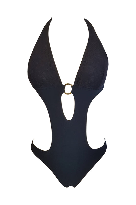 בגד ים שלם מונוקיני תחרה שחור