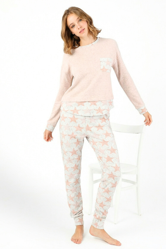 פיג'מה נשים 95% ויסקוזה סריג עדין - כיס כוכב