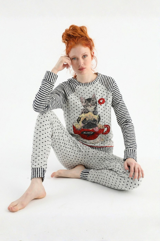 פיג'מה נשים ויסקוזה סריג עדין לבבות ופסים