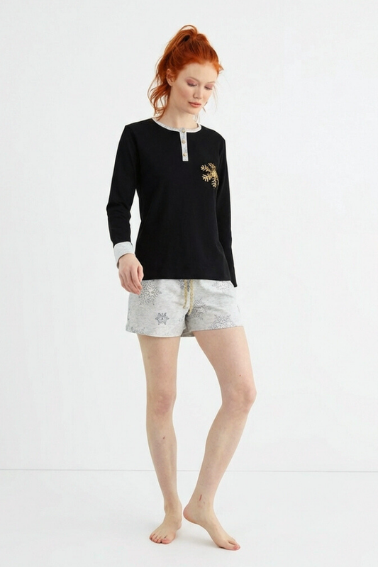 פיג'מה נשים 93% כותנה חולצה שחורה עם כפתורי זהב ומכנס קצר