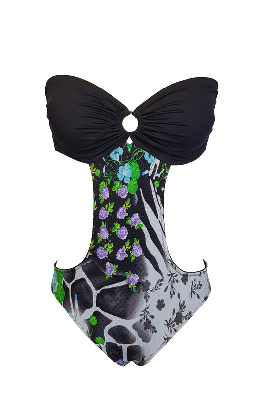 בגד ים שלם מונוקיני סטרפלס שחור והדפס מנצנץ