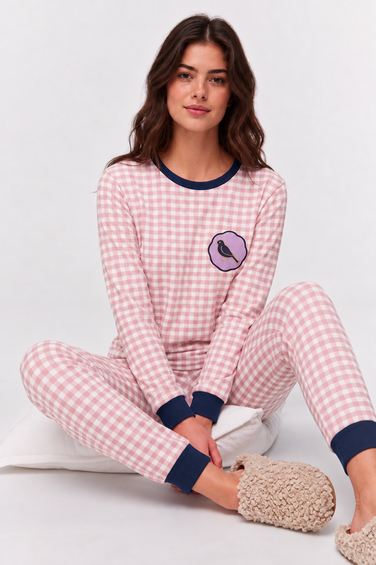 סט פיג`מה נשים מגע רך כמו משי -ורוד משבצות