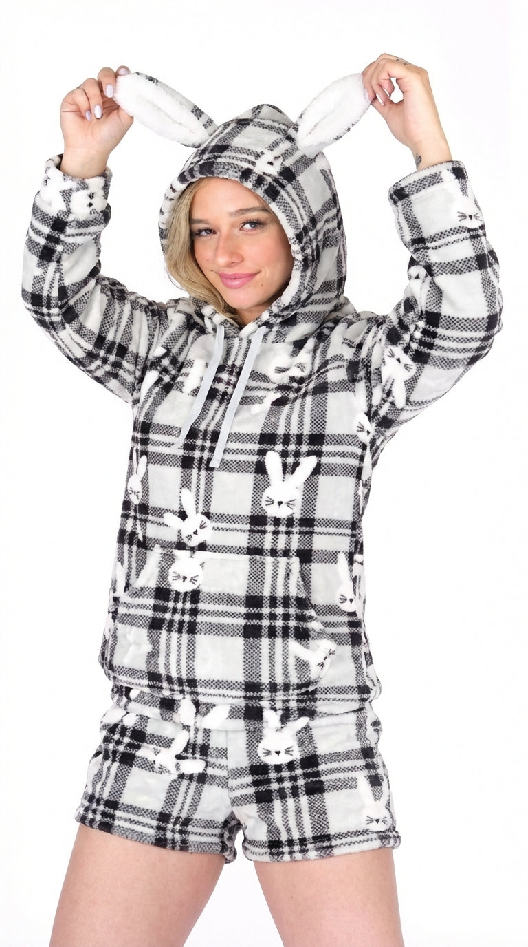 פיג`מה פליז נשים\נערות עם קפוצ'ון ומכנס שורט