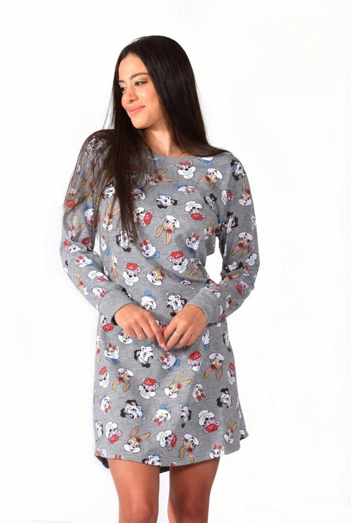 כותונת לילה נשים שרוול ארוך לבן\אפור בהיר