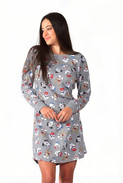 כותונת לילה נשים שרוול ארוך לבן\אפור בהיר