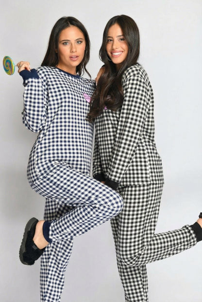 סט פיג`מה נשים מגע רך כמו משי -כחול משבצות