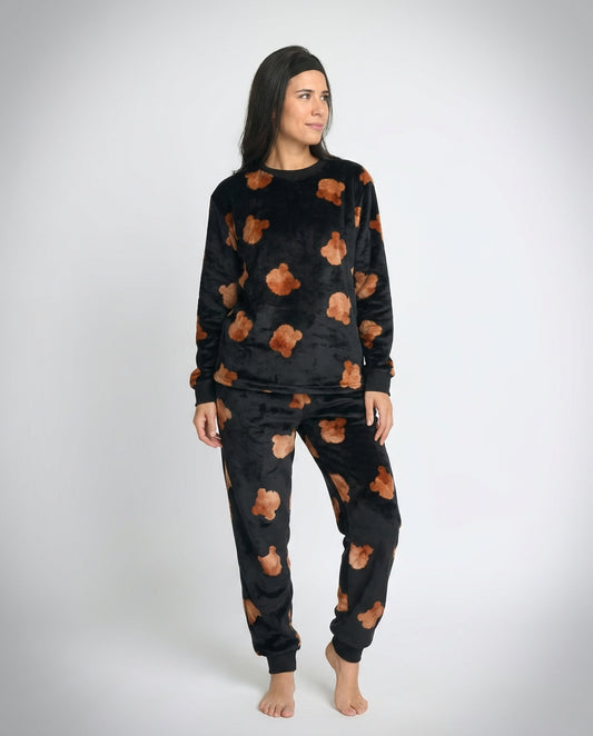 סט פיג'מה פליז דובונים שחור\לבן\חום בהיר
