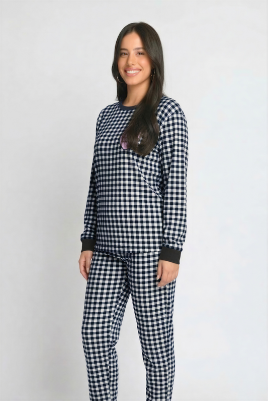 סט פיג`מה נשים מגע רך כמו משי -כחול משבצות