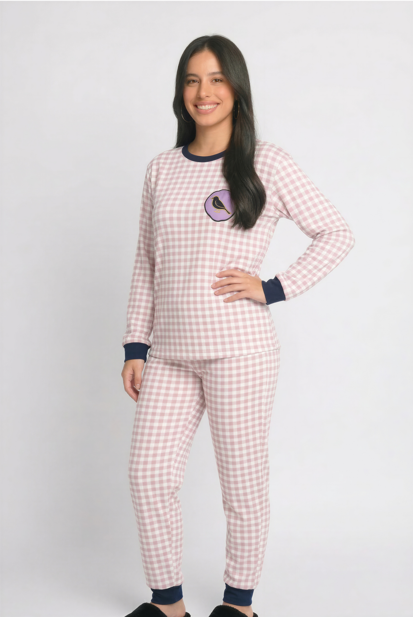 סט פיג`מה נשים מגע רך כמו משי -ורוד משבצות