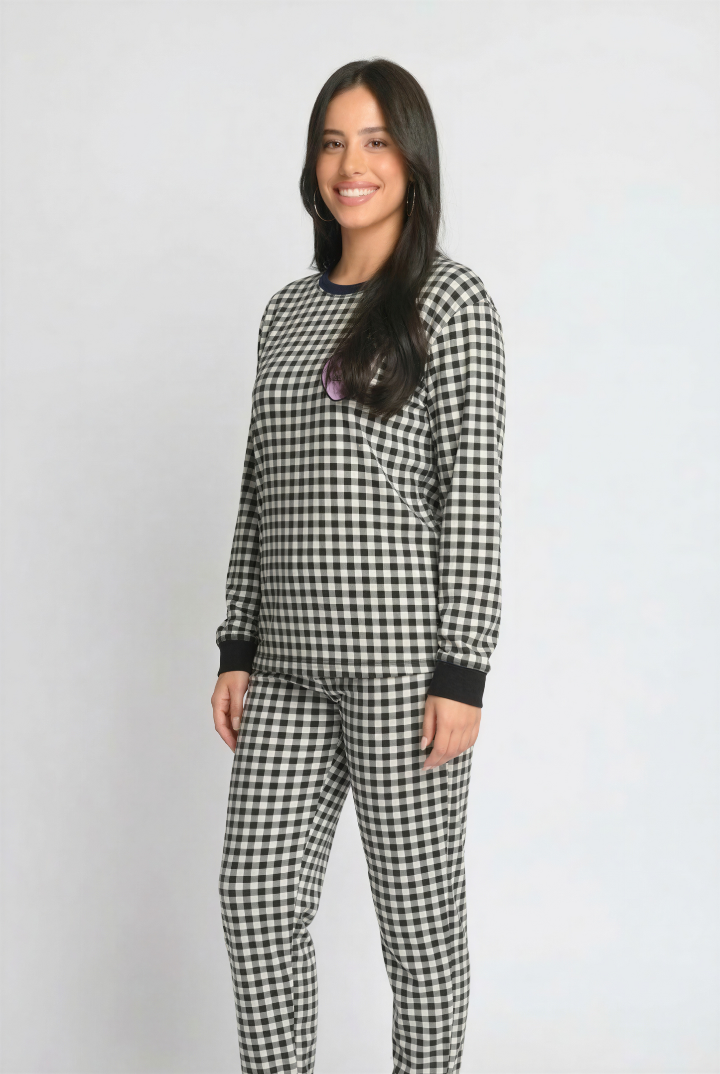 סט פיג`מה נשים מגע רך כמו משי -ורוד משבצות