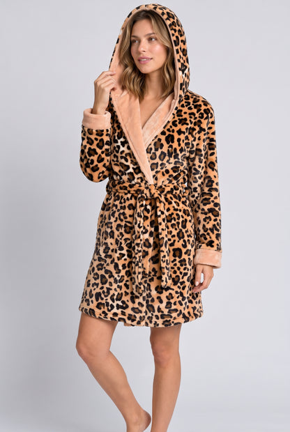 חלוק לנשים | חלוק בית פליז לנשים מעטפת - לבן מנומר \ חום מנומר