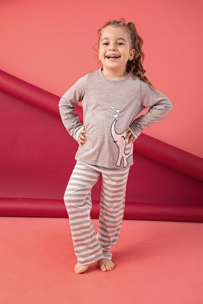 פיג'מה לילדות חום פסים עם פיל - 95% כותנה ו - 5% אלסטן ן Morena
